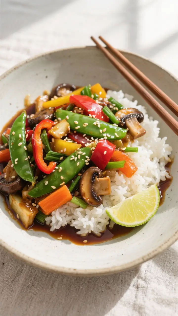 Tasty top view: Overhead shot of Vegetable Teriyaki Stir Fry served over fluffy white rice in a wide