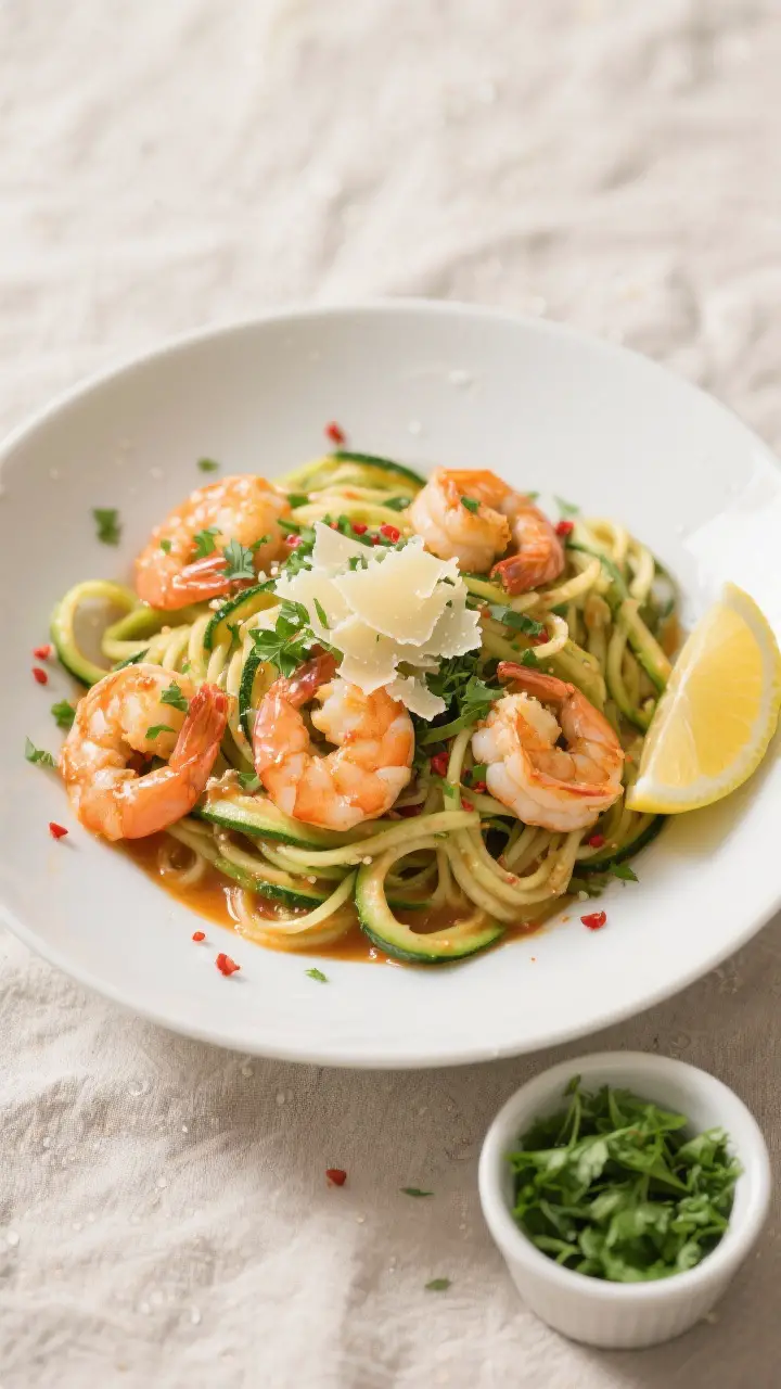 Tasty top view: Overhead shot of zucchini noodles tossed in the bright scampi sauce, topped with plu