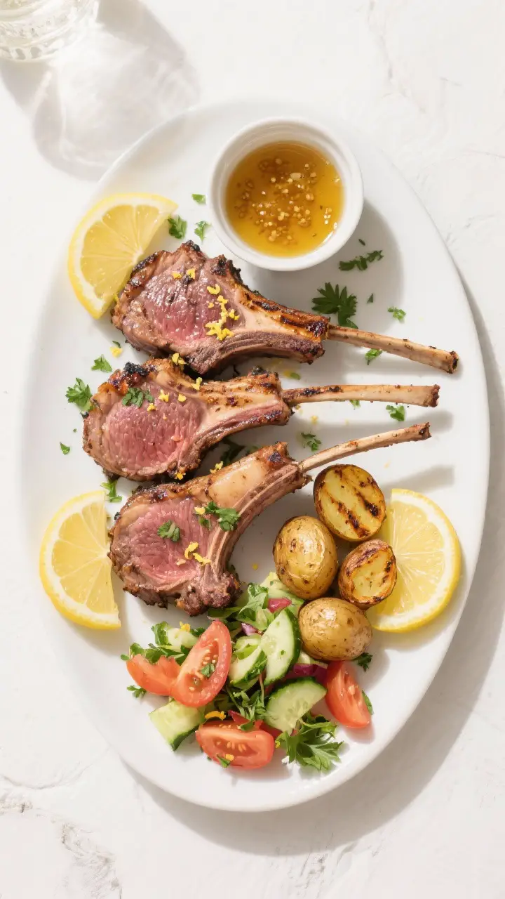 Tasty top view, overhead shot: Overhead of a platter of grilled lamb chops cooked medium-rare (rosy 