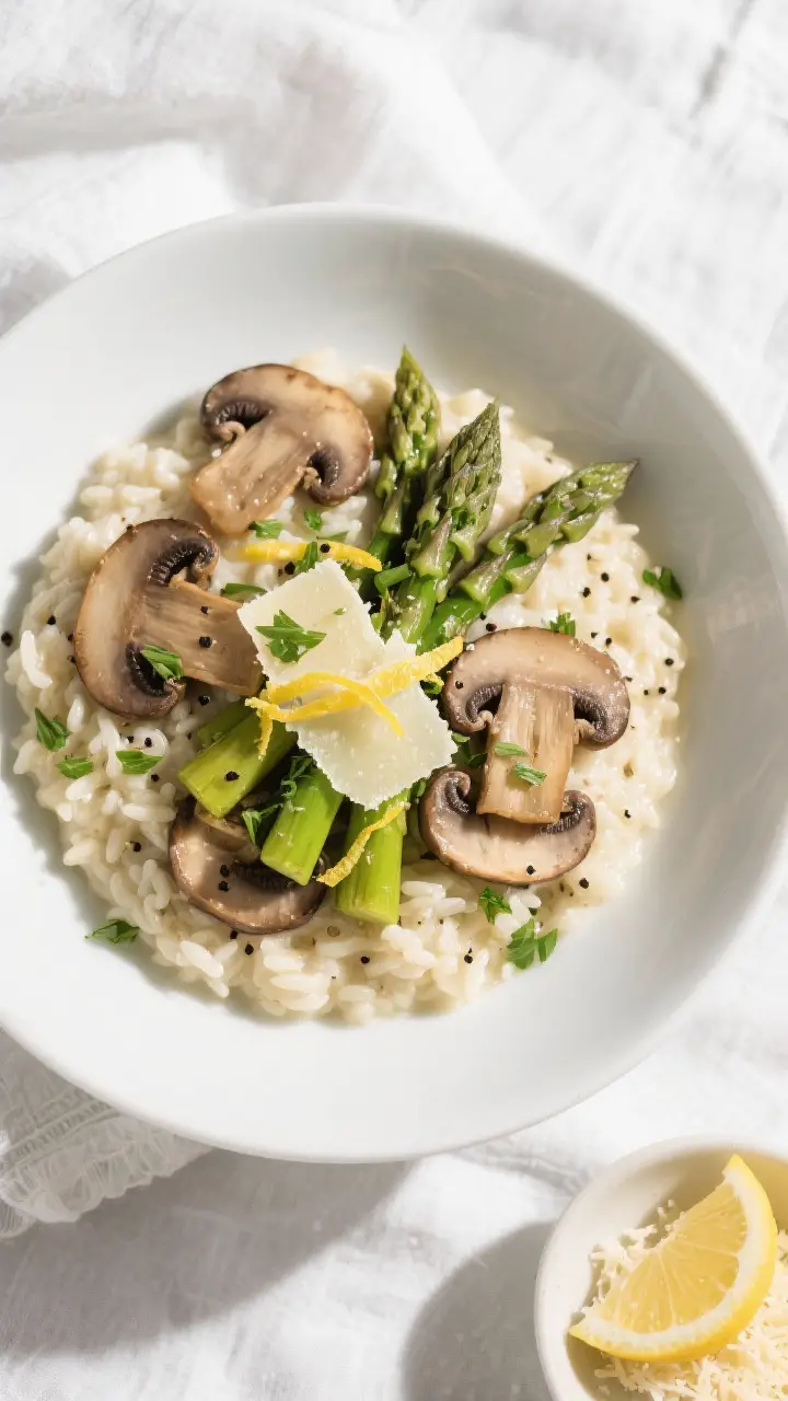 Tasty top view, overhead shot: Overhead of finished Mushroom and Asparagus Risotto spread softly in 