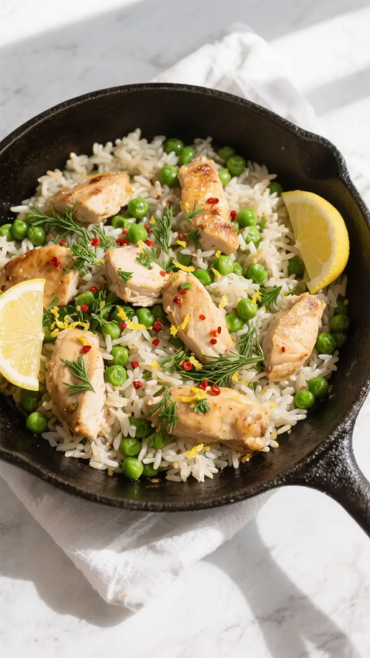 Tasty top view, overhead shot: Overhead of the finished Skillet Chicken and Rice with Spring Peas, r