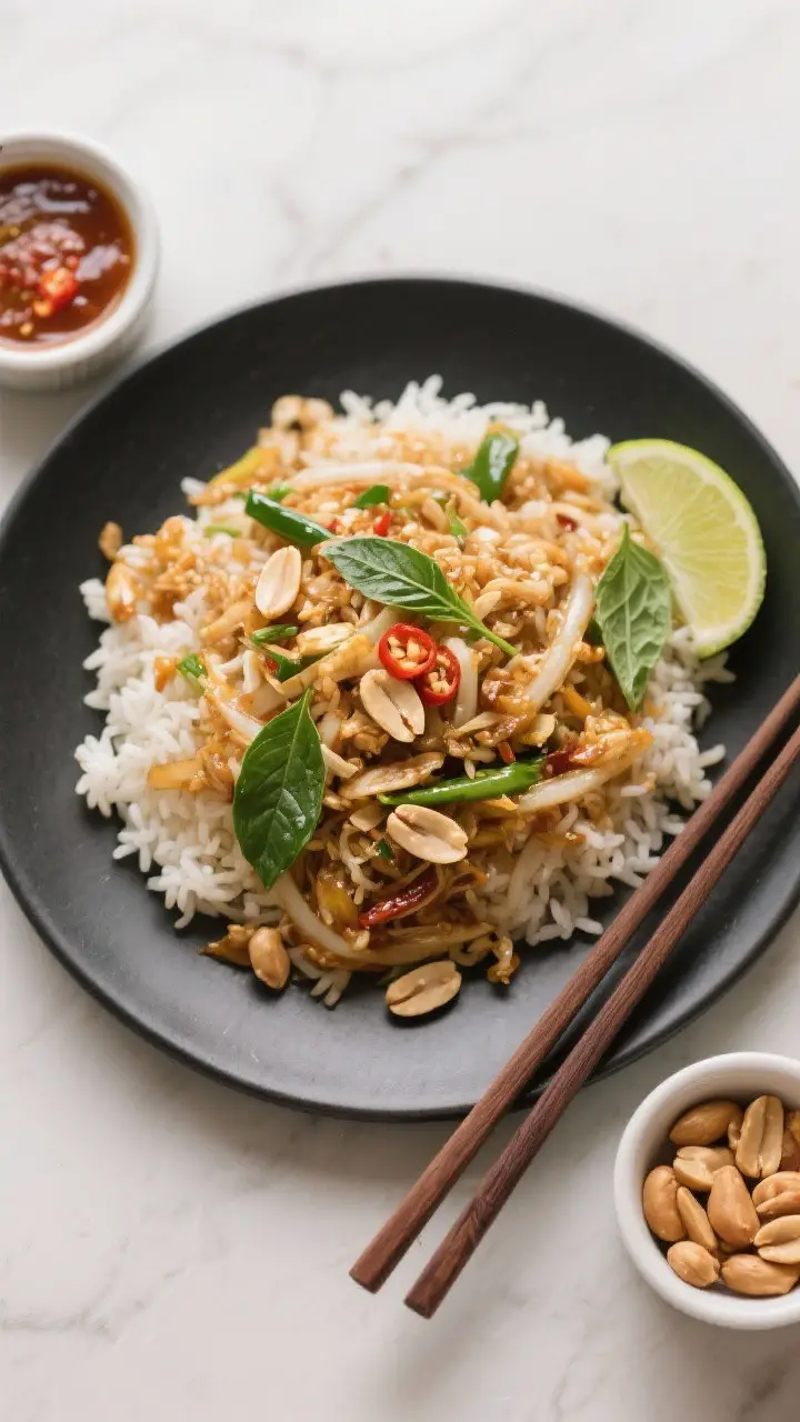 Tasty top view, overhead shot: Overhead shot of Pad Thai fried rice on a dark matte plate for contra