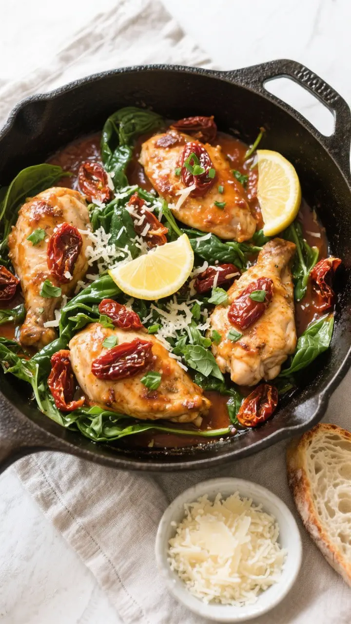 Tasty top view, overhead shot: Overhead shot of Skillet Chicken with Sun Dried Tomatoes served famil