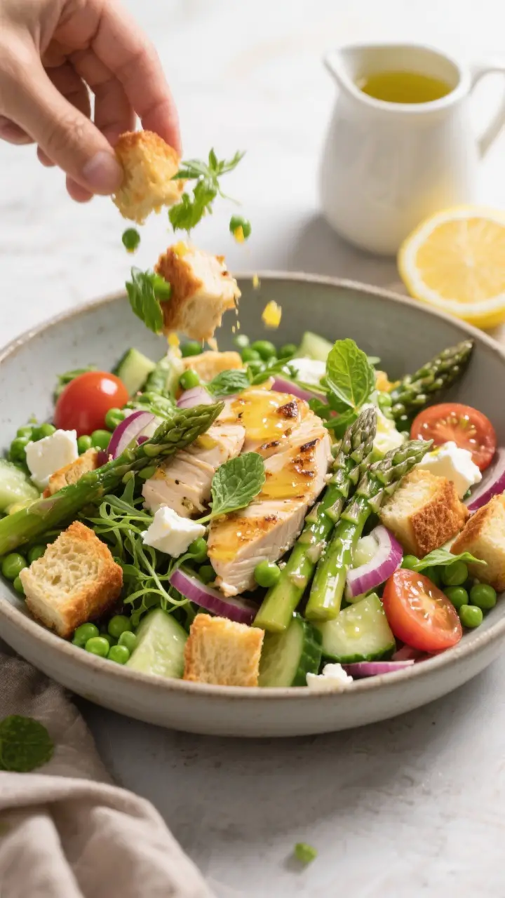 Tasty top view, overhead shot: Spring panzanella salad mid-toss in a wide, matte ceramic bowl—gold