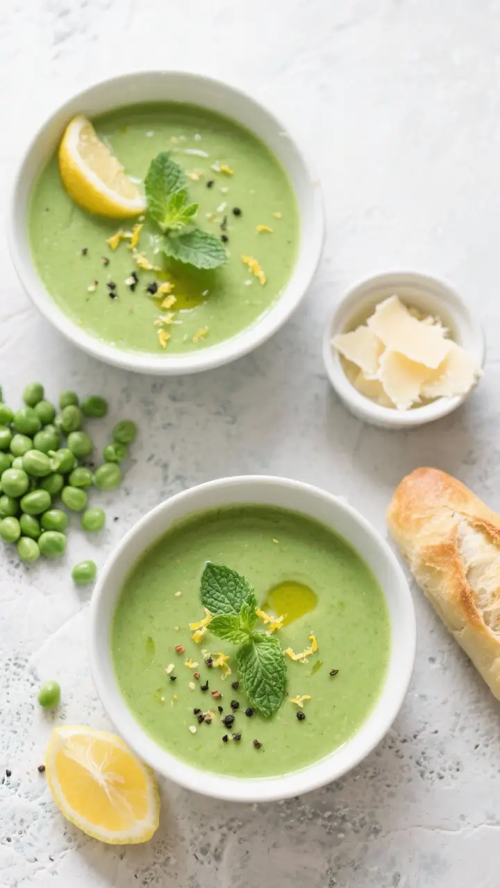 Tasty top view, overhead styling: Overhead shot of bright-green spring pea soup in two bowls on a li