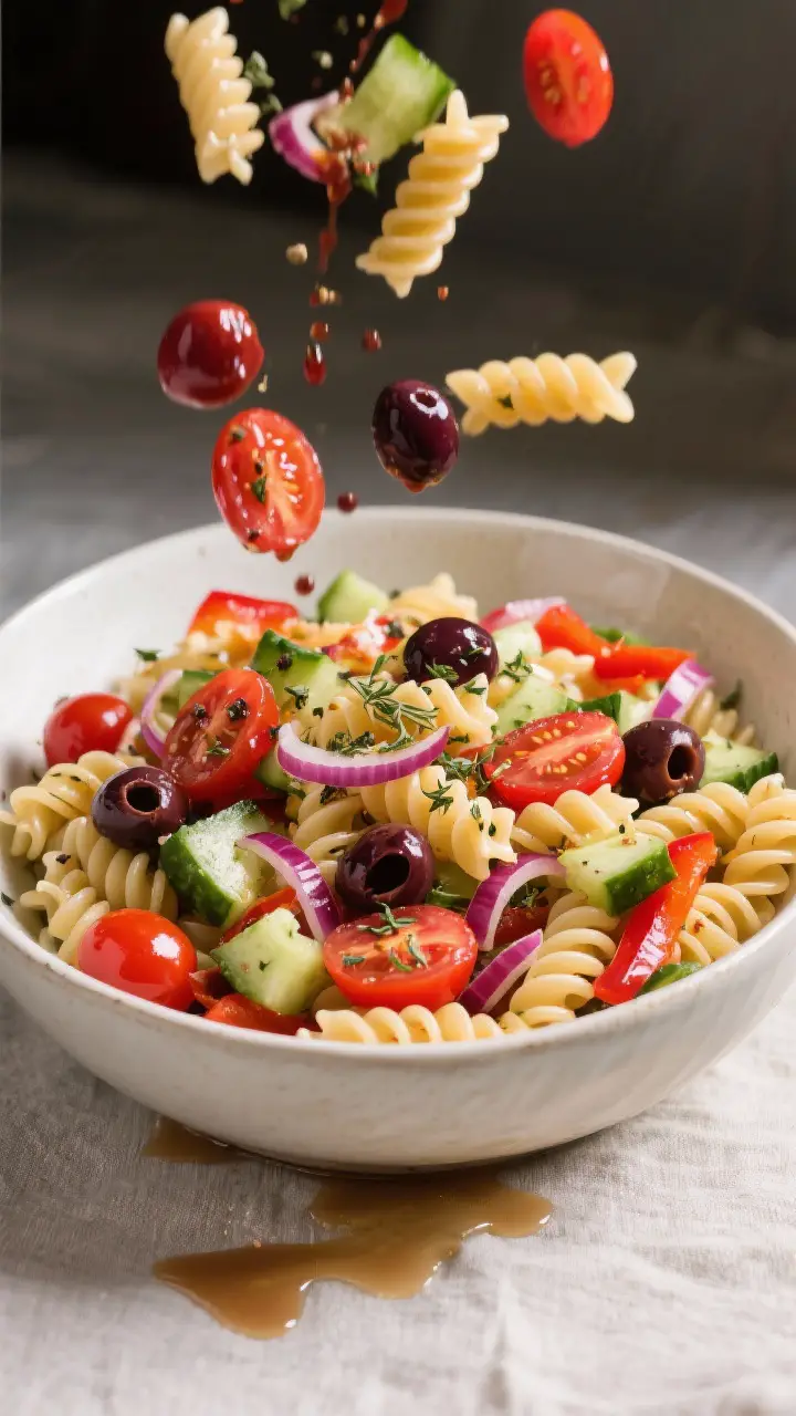 Tasty top view, overhead toss: Overhead shot of a large bowl of cooled pasta salad mid-toss with dre