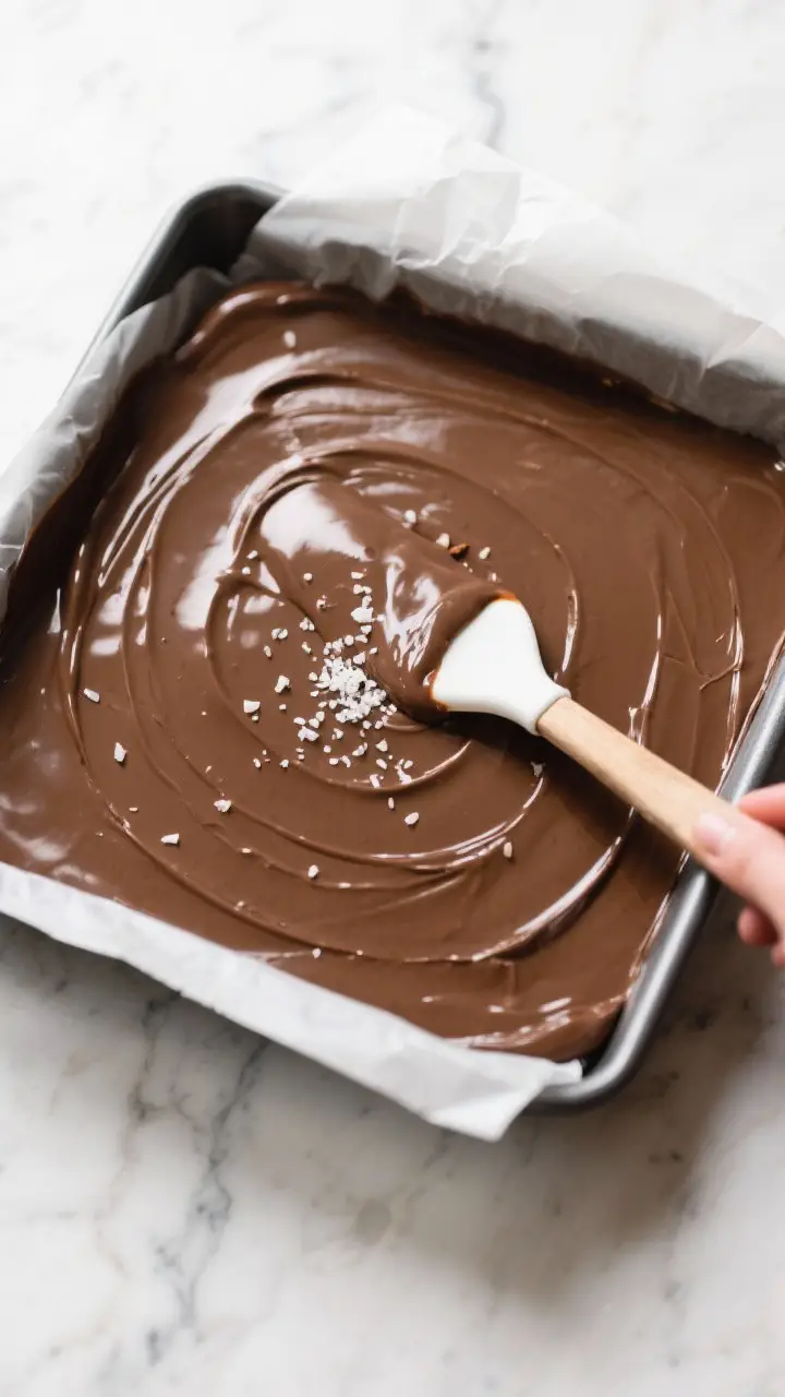 Tasty top view — pan set with finish: Overhead shot of freshly poured 3-ingredient fudge in a parc