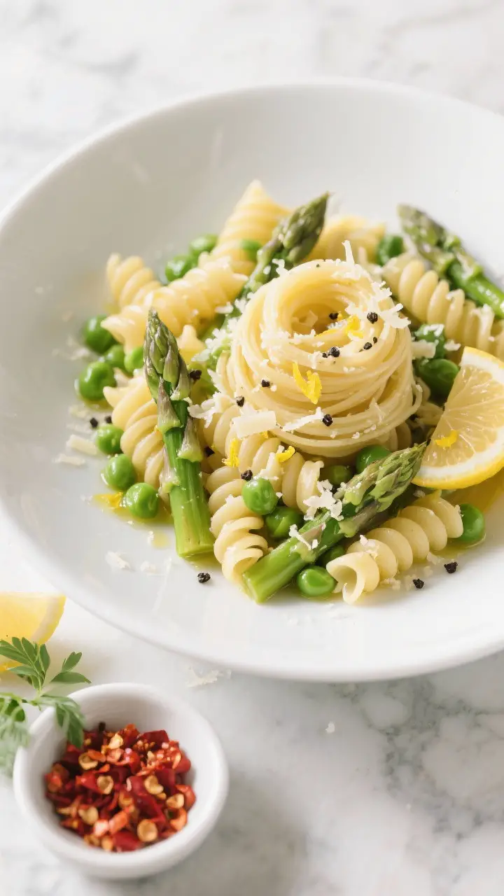 Tasty top view — plated dish: Overhead shot of a shallow white bowl filled with gemelli with aspar