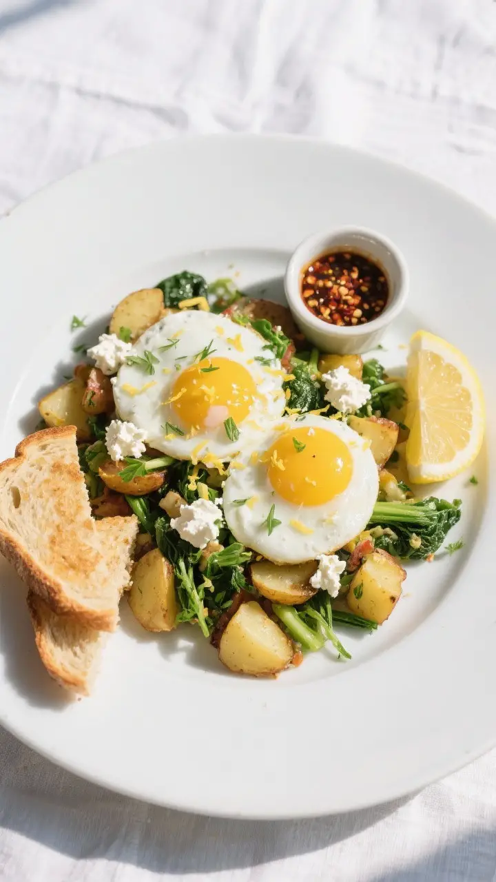 Tasty top view, plated presentation: Overhead shot of a single-serve portion of spring vegetable has
