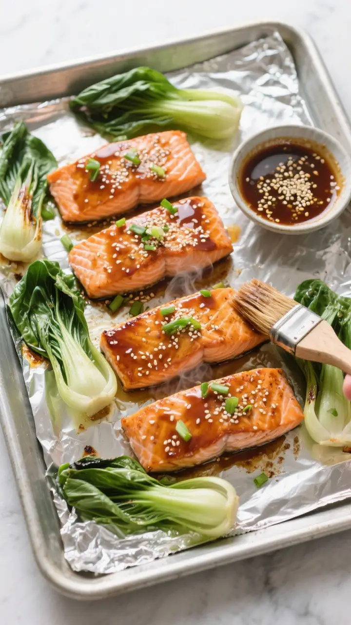 Tasty top view (process moment): Overhead shot of the sheet pan before serving, showing four salmon 