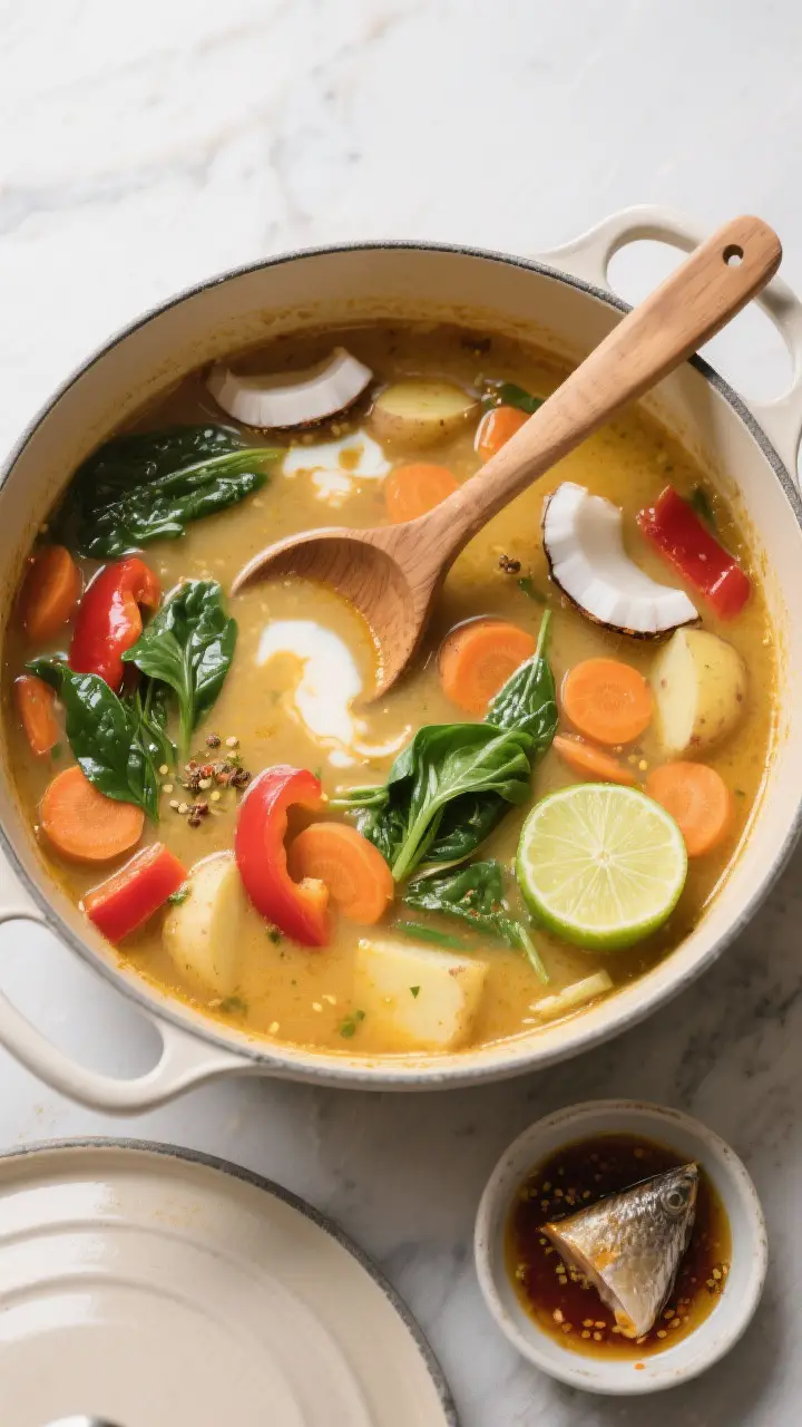 Tasty top view process shot: Overhead shot of the soup at the “bloomed spices + coconut milk” st
