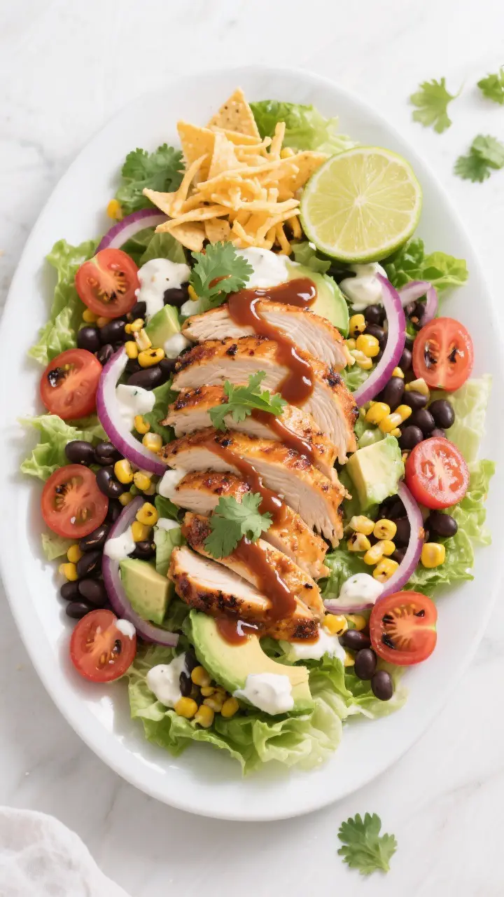 Tasty top view – salad assembly platter: Overhead shot of the assembled BBQ Chicken Ranch Salad on