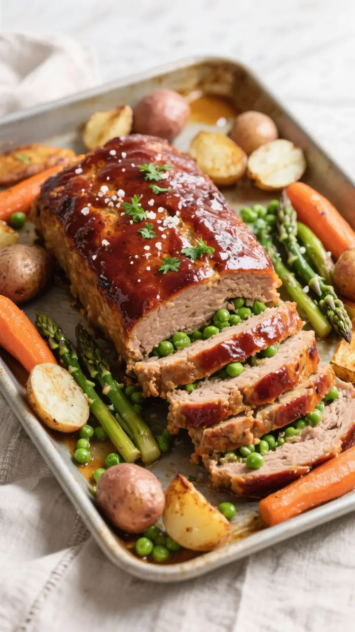 Tasty top view, sheet-pan dinner vibe: Overhead shot of the fully baked turkey meatloaf free-formed 