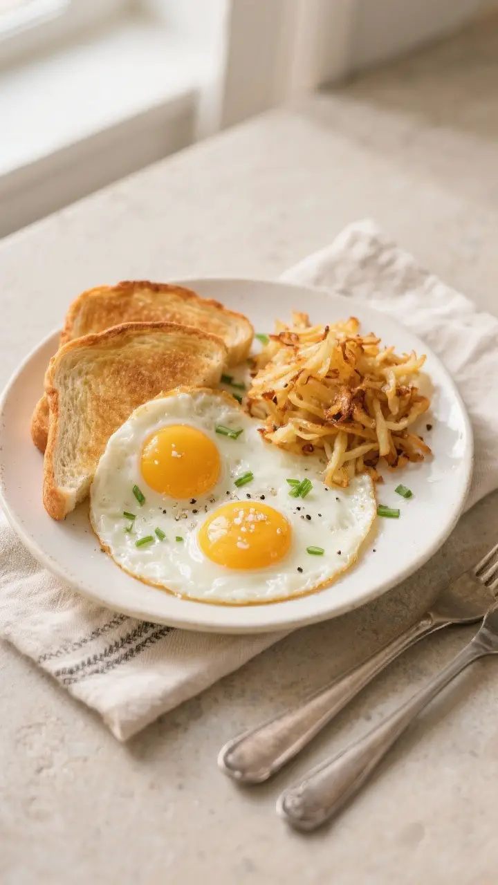Tasty top-view shot: Overhead of perfectly cooked over easy eggs plated on a warm white ceramic plat