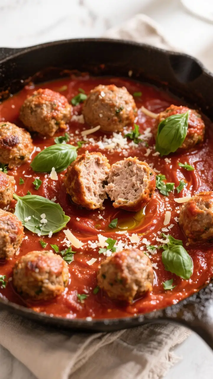 Tasty top view, skillet simmer: Overhead shot of turkey meatballs nestled in a thick, gently simmeri
