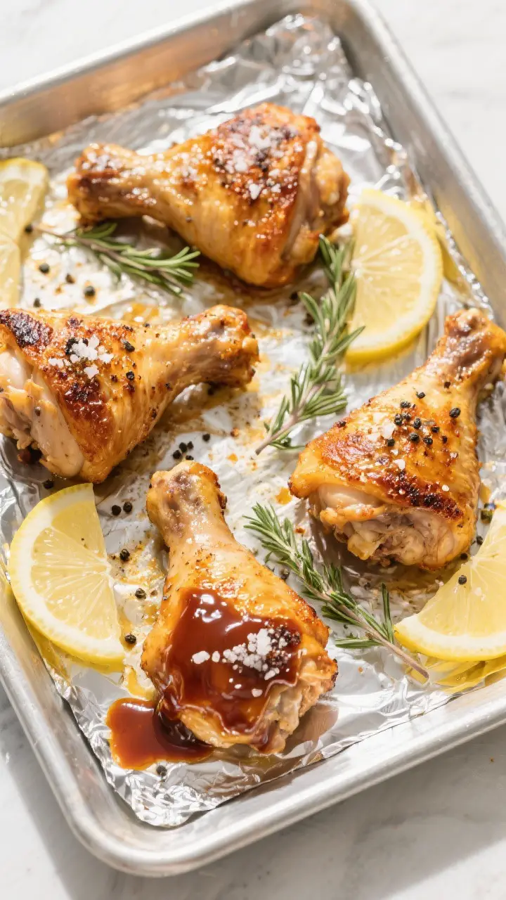 Tasty top view variation: Overhead shot of a sheet pan feast—four broiled chicken thighs arranged