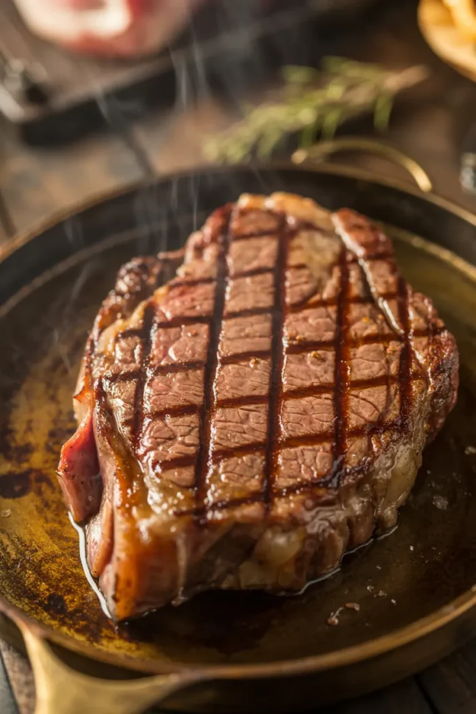 A perfectly grilled ribeye steak with beautiful diamond-shaped grill marks seared into its surface. The steak displays a rich, caramelized brown crust with hints of charred edges, while the interior reveals a perfect medium-rare doneness with a warm pink center. 