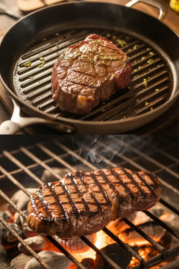 The top image features a perfectly pan-seared steak with deep golden-brown crust marks from a ridged griddle pan, the meat glistening with aromatic oils and herbs scattered around the cast iron surface. The bottom image displays a flame-grilled steak with distinctive charred grill marks, resting on metal grates with glowing embers visible beneath, smoke gently rising around the perfectly cooked beef.