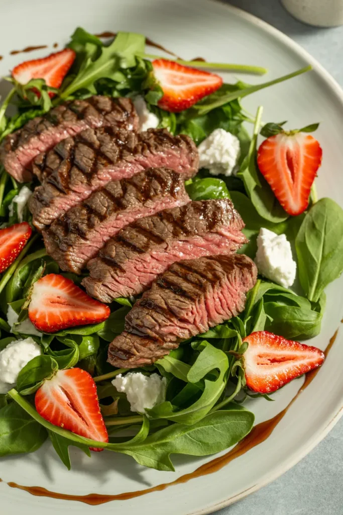 A beautifully plated grilled steak salad featuring perfectly seared beef strips with distinctive grill marks, arranged over a bed of fresh mixed greens including arugula and baby spinach. Vibrant red strawberry slices are scattered throughout the salad alongside creamy white goat cheese crumbles, creating a striking color contrast against the emerald greens. 
