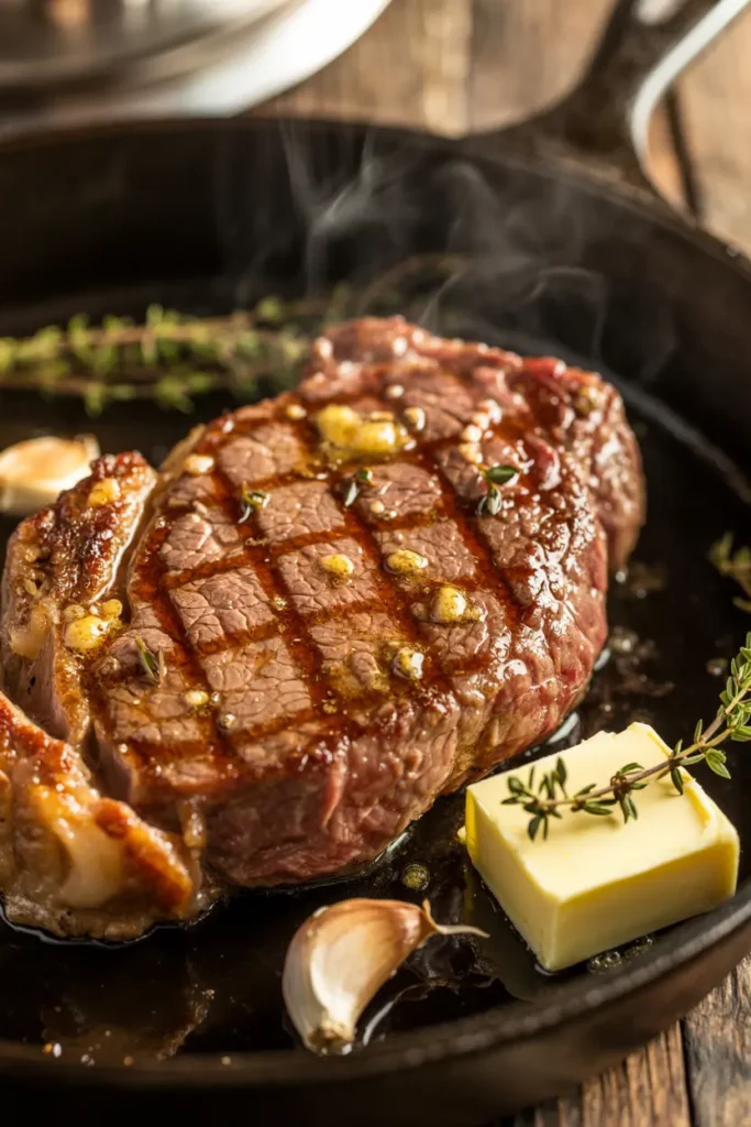 a perfectly pan-seared steak with a golden-brown crust, glistening with melted garlic butter. The thick cut of beef displays beautiful grill marks and a rich mahogany exterior, with aromatic butter pooling around the edges and fresh thyme sprigs scattered on top. Steam rises gently from the hot surface, while roasted garlic cloves and a pat of herb-infused butter rest beside the steak on a dark cast iron skillet. 