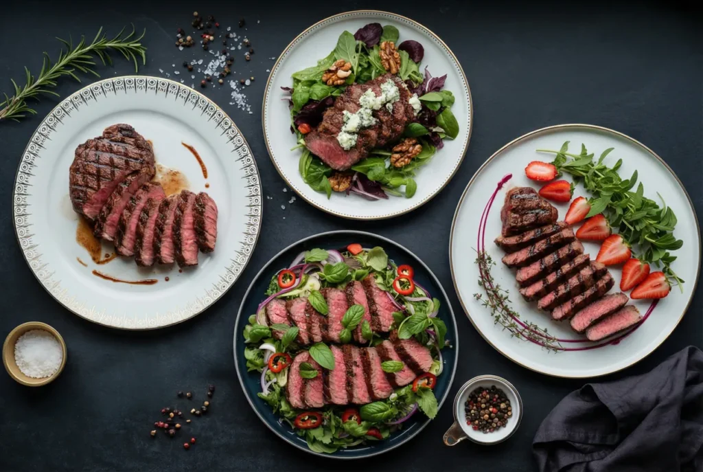 Gorgeous presentation of 3-4 different steak preparations: perfectly grilled steak sliced against the grain showing medium-rare pink interior, steak over salad greens with blue cheese crumbles, Thai beef salad with fresh herbs, steak with strawberries and arugula.
