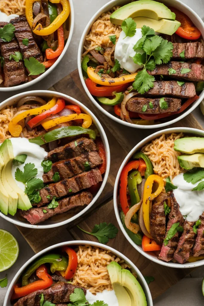 Colorful steak fajita bowls arranged on a rustic wooden surface. Each bowl contains perfectly grilled strips of seasoned steak alongside vibrant sauted bell peppers in red, yellow, and green, caramelized onions, and fluffy cilantro-lime rice. The bowls are garnished with fresh avocado slices, dollops of sour cream, shredded cheese, and chopped cilantro, creating a feast for the eyes.