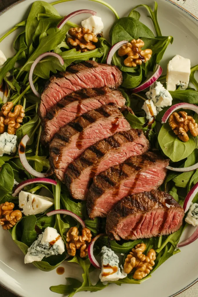 A gourmet steak and blue cheese salad artfully plated on a white ceramic dish. Sliced grilled ribeye steak, cooked to a perfect medium-rare with beautiful grill marks, is fanned across a bed of fresh mixed greens including arugula and baby spinach. Crumbles of rich blue cheese are scattered throughout, along with candied walnuts and thin red onion slices, while a drizzle of balsamic glaze adds an elegant finishing touch.