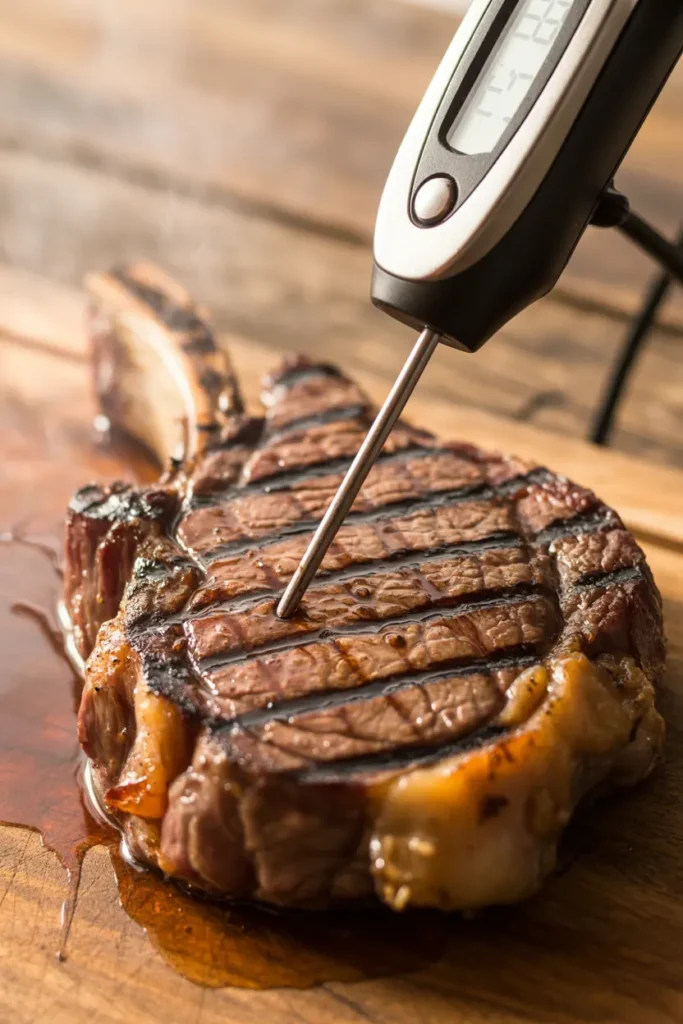 A perfectly grilled ribeye steak resting on a wooden cutting board with a digital meat thermometer inserted into its thickest portion. The steak displays beautiful grill marks and a rich, caramelized crust while pink juices pool around its edges, indicating a perfect medium-rare doneness. 