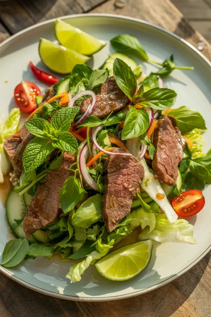 A fresh Thai beef salad artfully arranged on a white ceramic plate. Tender slices of grilled beef are mixed with crisp lettuce leaves, fresh mint, cilantro, and Thai basil, creating a colorful medley of emerald greens and rich mahogany beef. Cherry tomatoes, thinly sliced red onions, and cucumber ribbons are scattered throughout, while a glossy lime-based dressing glistens on the ingredients.
