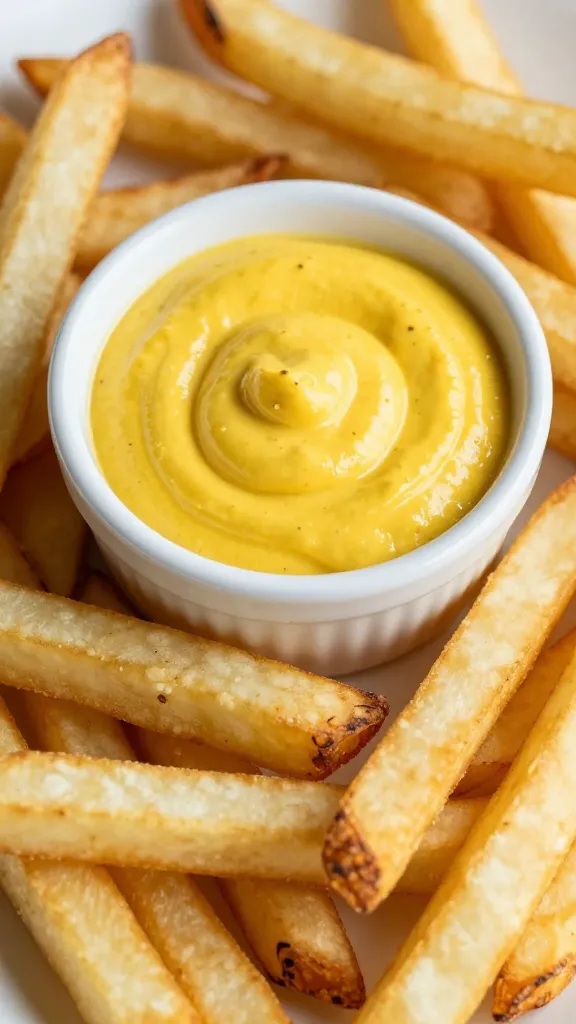 Closeup of yuca fries with ají amarillo dip