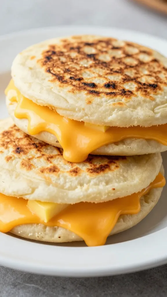 Arepa stuffed with melted queso, buttery griddle marks