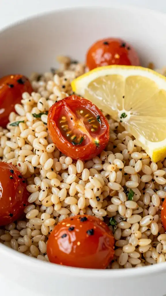 closeup bowl of lemon-herb farro with roasted cherry tomatoes