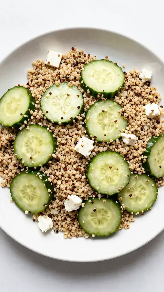 overhead plate of room-temp quinoa salad with cucumber and feta