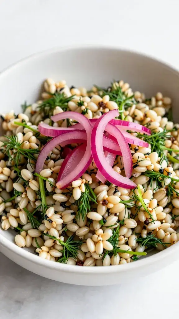 shallow bowl of barley salad with dill and pickled red onion