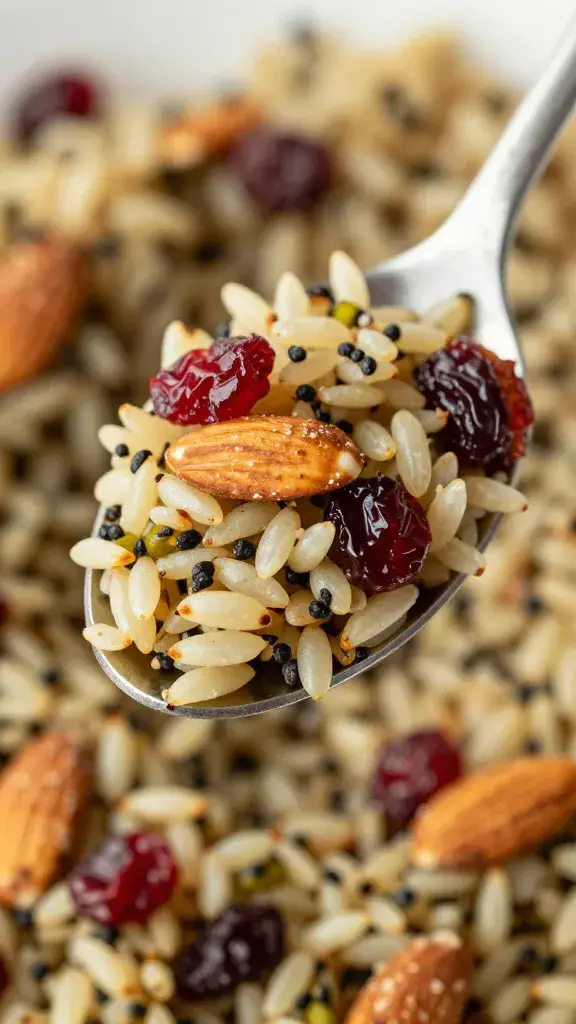 closeup spoonful of wild rice salad with toasted almonds and cranberries