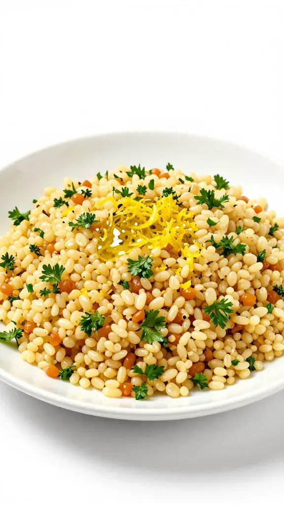 studio shot of bulgur salad with parsley, lemon zest, and olive oil