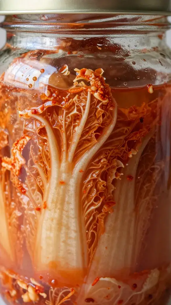 closeup of napa cabbage kimchi in glass jar, condensation