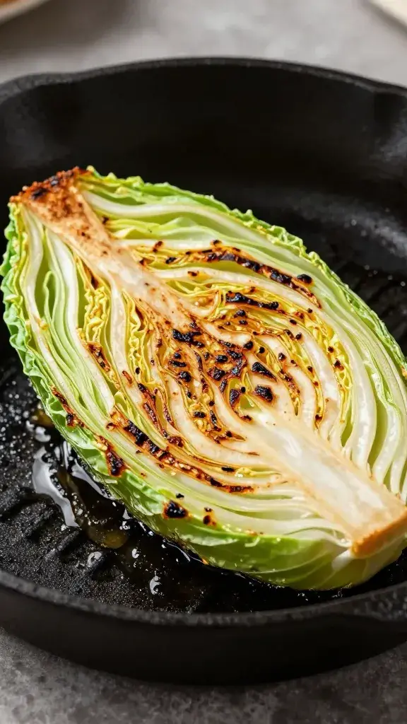 charred cabbage wedge on cast-iron skillet, sizzling
