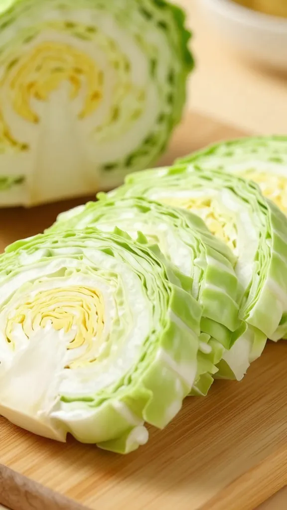 sliced raw green cabbage on wooden cutting board, macro