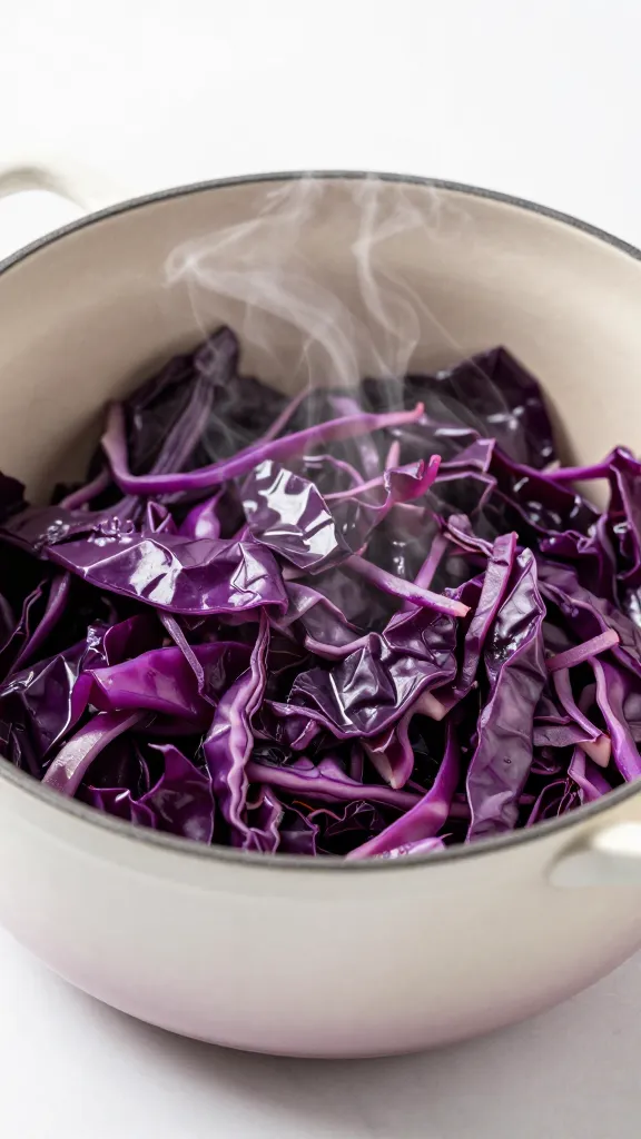braised red cabbage in enamel pot, steam rising