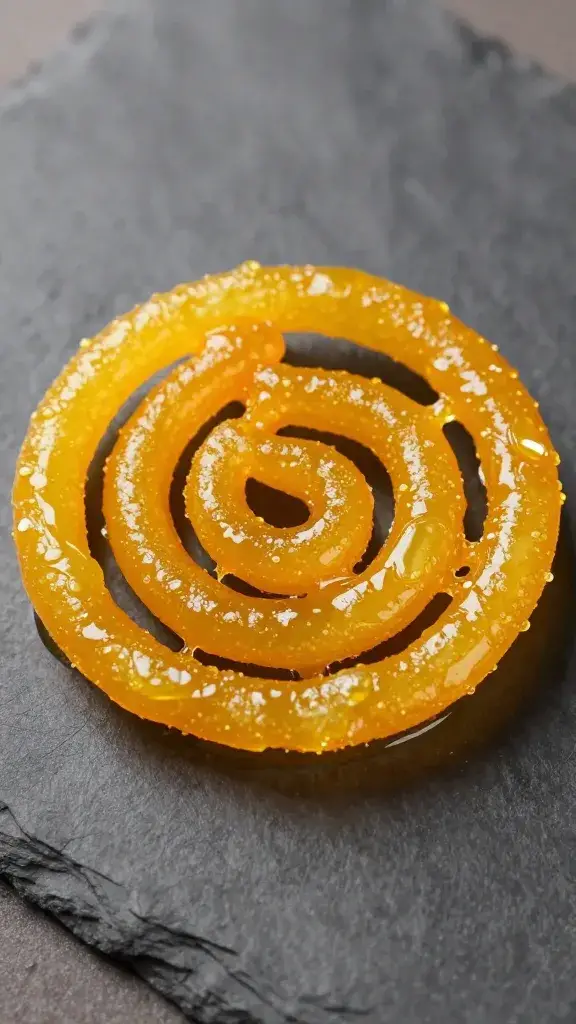 single jalebi spiral glistening with saffron syrup