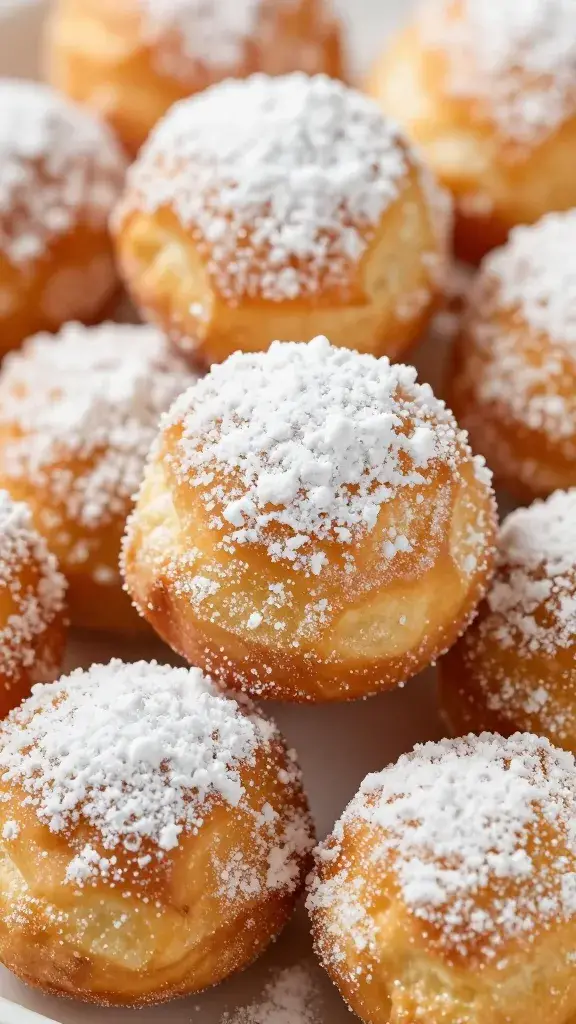 closeup of beignet dusted with powdered sugar
