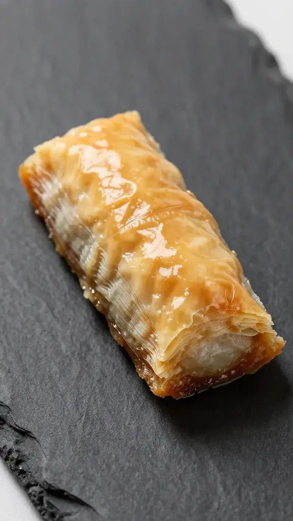 Closeup of a single baklava finger on matte black slate