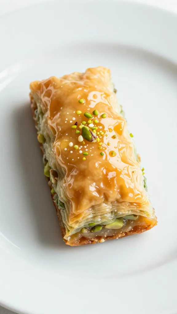 Single pistachio baklava finger, syrup-glossed, on white plate
