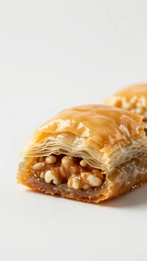 Walnut baklava finger cross-section, flaky layers in studio light