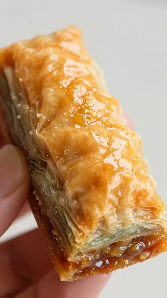 Honey-drenched baklava finger held in parchment, tight macro