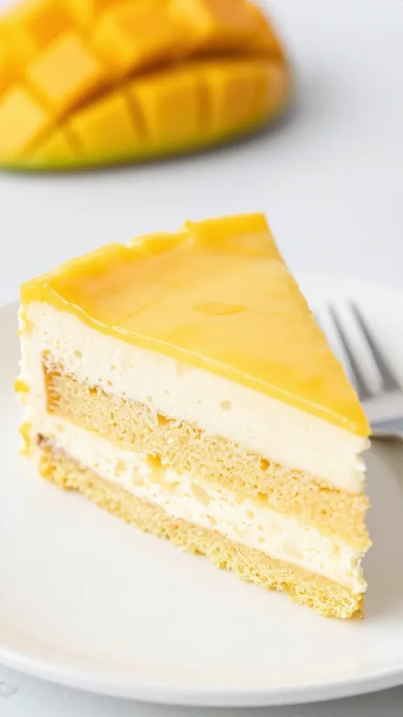 closeup of Miami mango tres leches slice on white plate