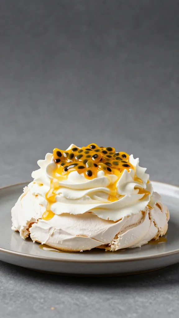 single passion fruit pavlova with whipped cream, studio lighting