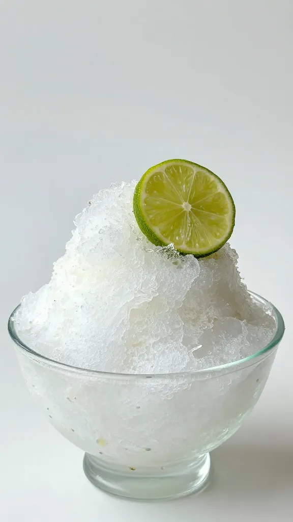coconut-lime shaved ice in clear glass bowl, tight crop