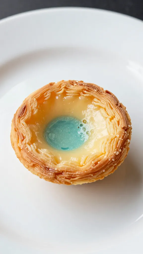 closeup of a single mini pastel de nata on white plate